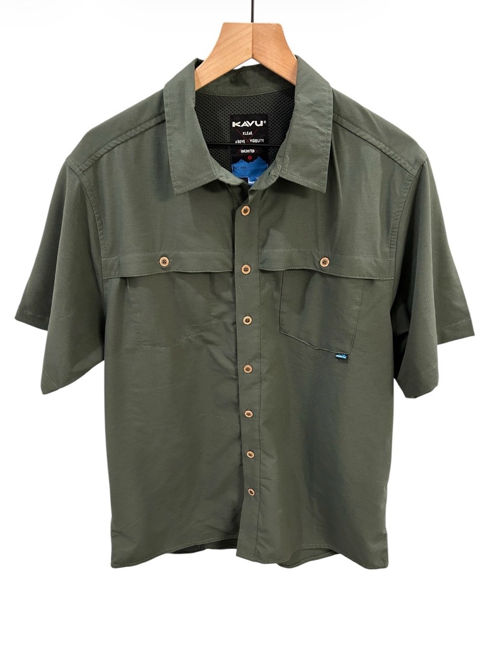 KAVU Cascade Trail Shirt Olive Green Size L – Short Sleeve Outdoor Button Up